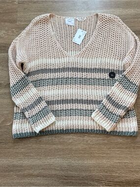 LOLA Open-Weave V-Neck Sweater in Cream & Gray XL